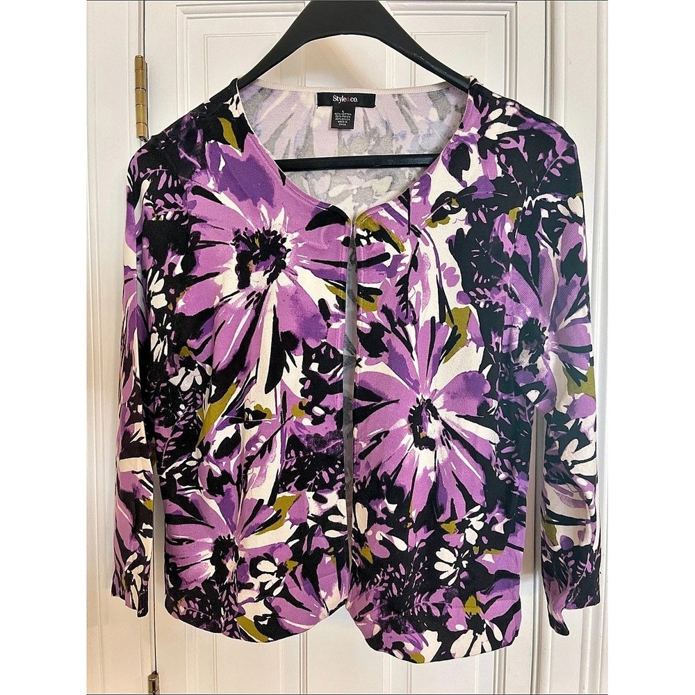Style & Co Floral Cardigan Sweater Purple Black Hook Eye Front Jacket Womens L